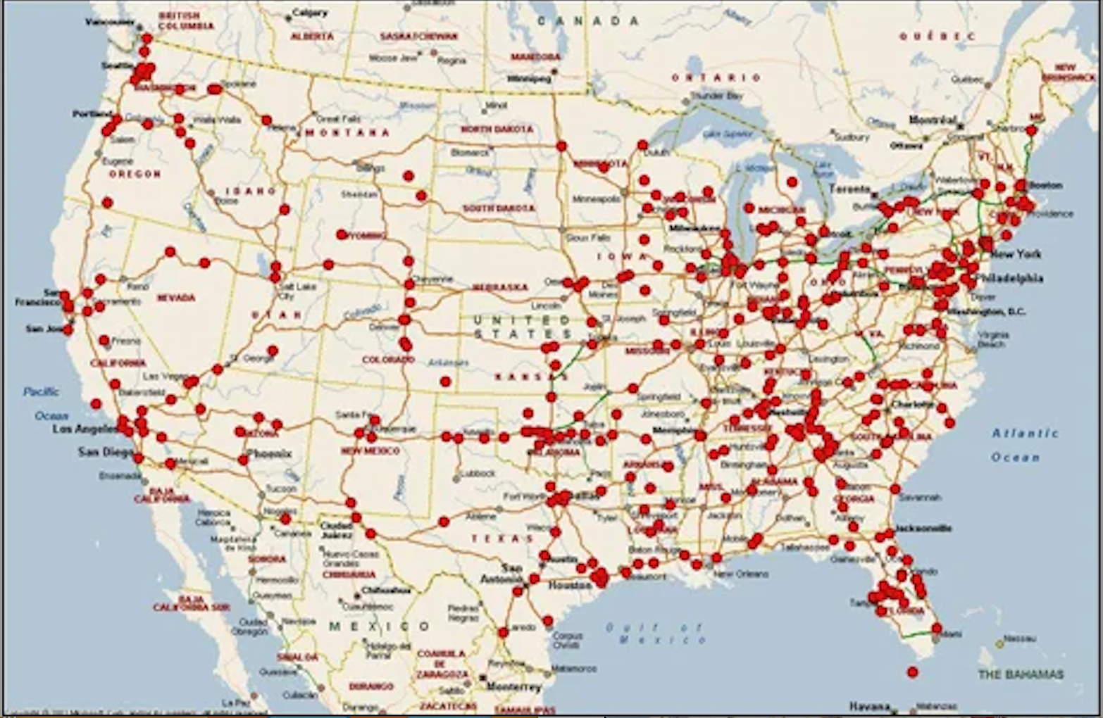A map created by the Highway Serial Killings initiative is covered with red dots marking the 500 locations where bodies have been discovered along America’s highways over the past 30 years